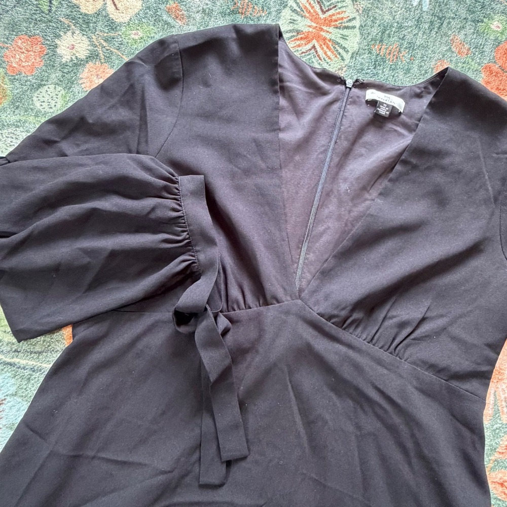 Halston Black V-Neck Puff Sleeve Tie Cuff‎ Mini Dress XCP152310 Womens 10